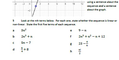 These sheets look at comparing a sequence to a graph, arithmetic sequences, geometric sequences (including the common difference), quadratic sequences, Fibonacci sequences, polygonal sequences.